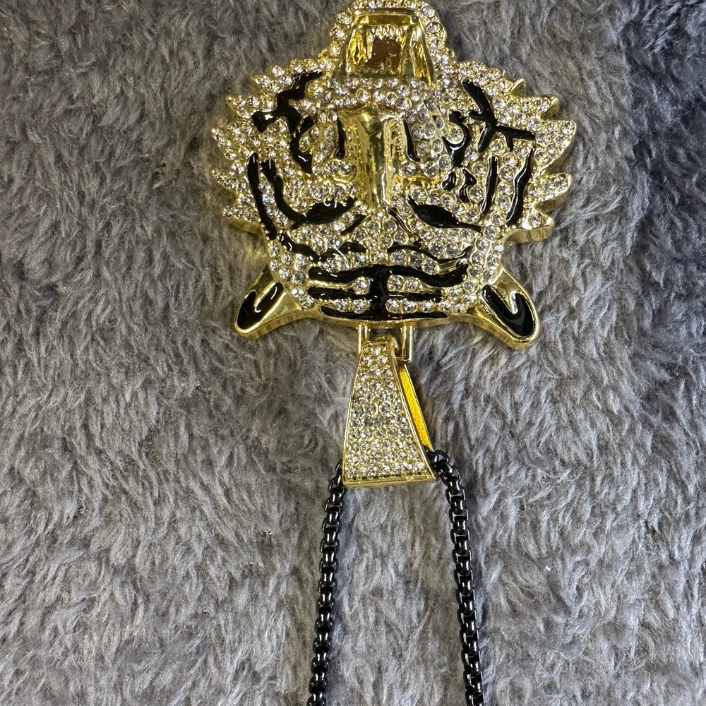 Gold and Black Tiger Pendant With Black 24 Inch Box Chain Necklace